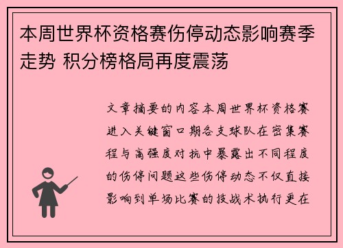 本周世界杯资格赛伤停动态影响赛季走势 积分榜格局再度震荡 本周世界杯资格赛伤停动态影响赛季走势 积分榜格局再度震荡